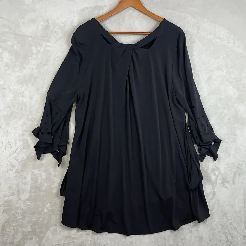 IC Collection Connie K Laser Cut Tunic Top 1X Black Lagenlook Bell Sleeve USA